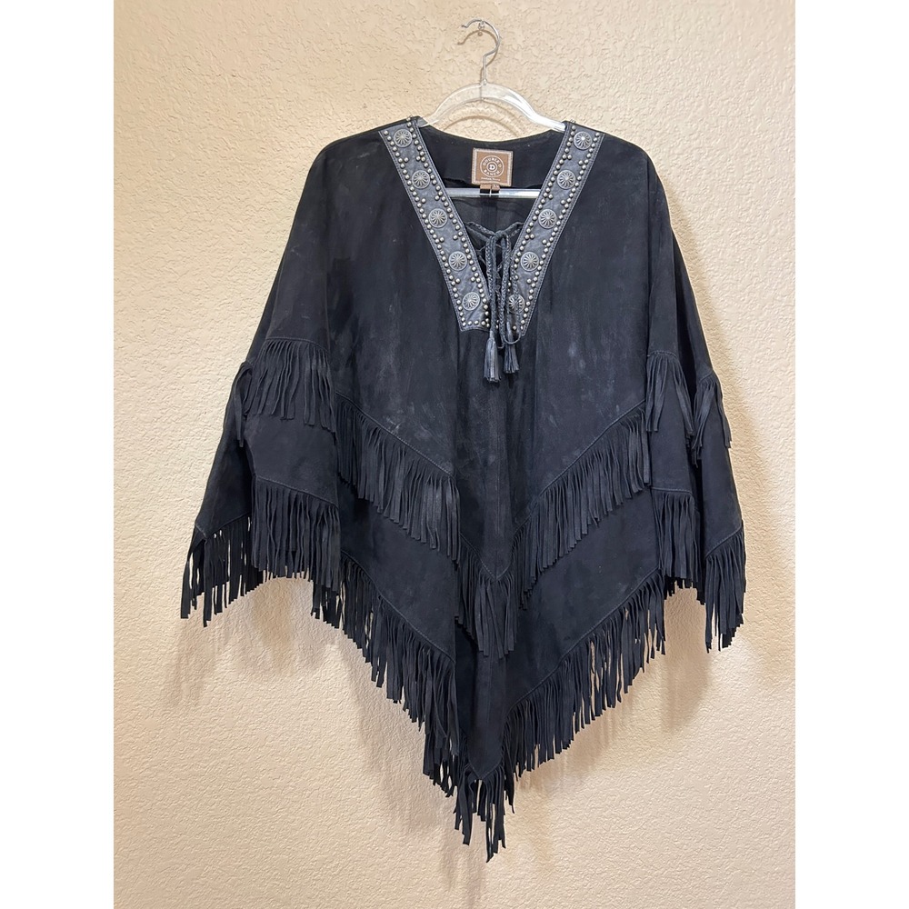 Double D Ranch XL Suede Fringe Poncho Black Western Concho Studded Boho Leather
